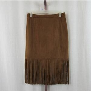Chelsea & Theodore Small Faux Suede Brown Fringe Trim A Line Skirt with Tassels